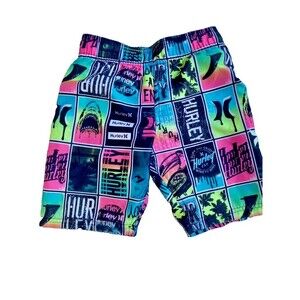 Hurley Boys -Size 7 Boardshorts Neon Rainbow Black Logo Swim Beach Trunks Shorts
